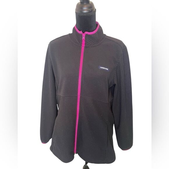 LANDS END BLACK GRID FLEECE ZIP‎ UP WINTER JACKET WOMENS SIZE LARGE - Picture 9 of 11